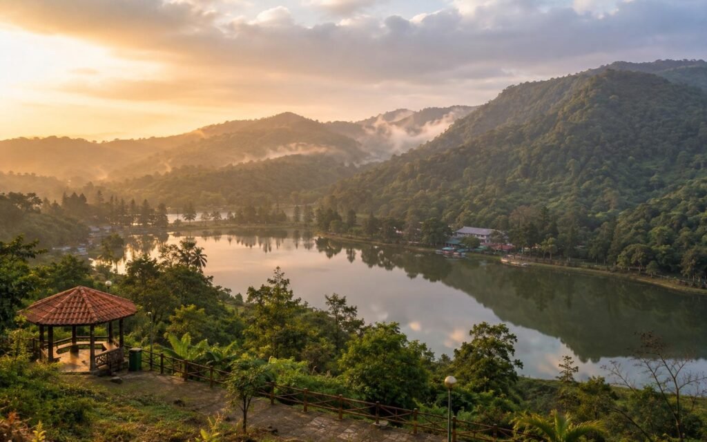 Forested green hills and a calm lake at Saputara hill station, Gujarat