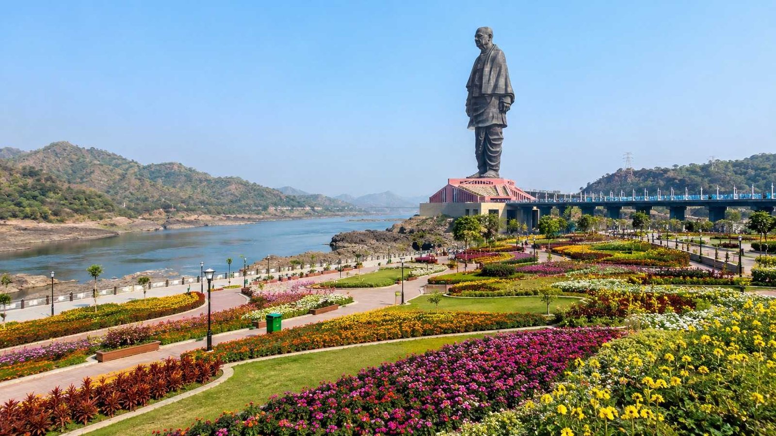 Landscaped gardens and the Narmada riverfront below the Statue of Unity, Gujarat