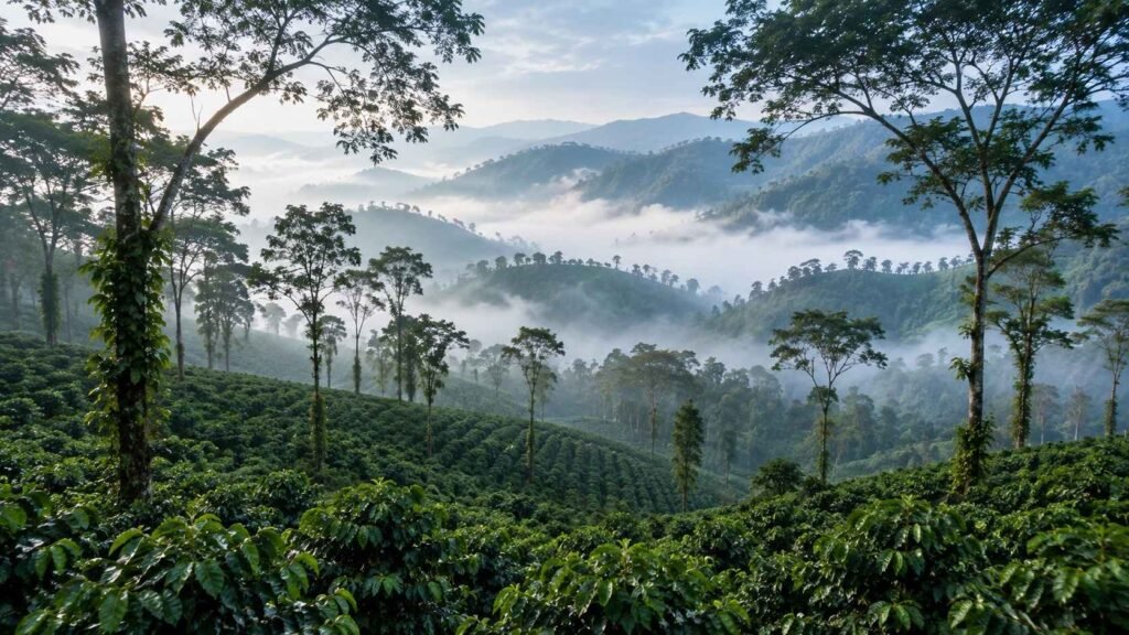 Misty coffee plantations in the Coorg hills, Karnataka