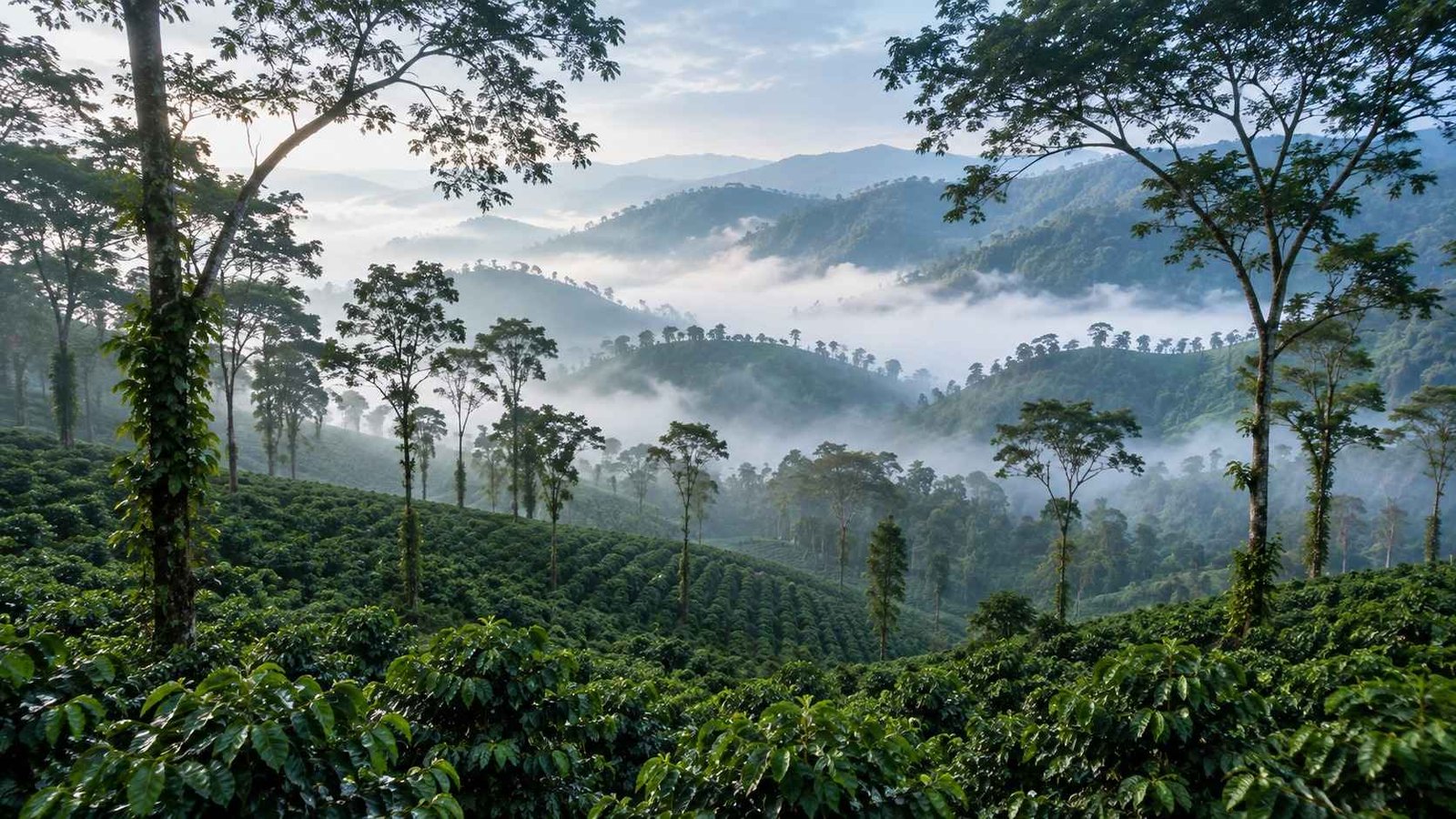 Misty coffee plantations in the Coorg hills, Karnataka