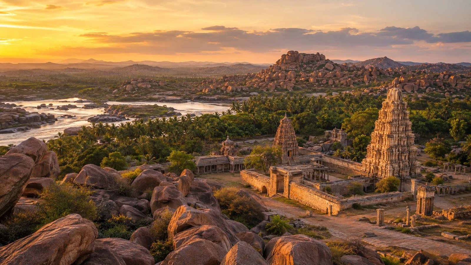 Hampi’s Vijayanagara ruins at golden hour, Karnataka