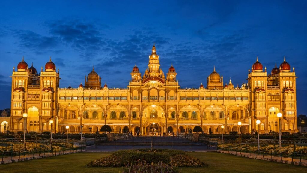 The floodlit Mysore Palace at dusk in Mysuru, Karnataka