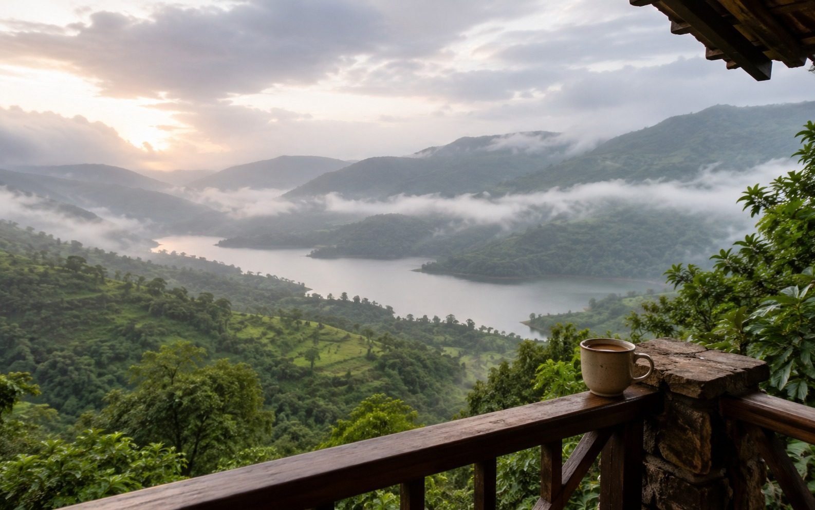 A misty valley seen from a hillside homestay balcony near Mulshi