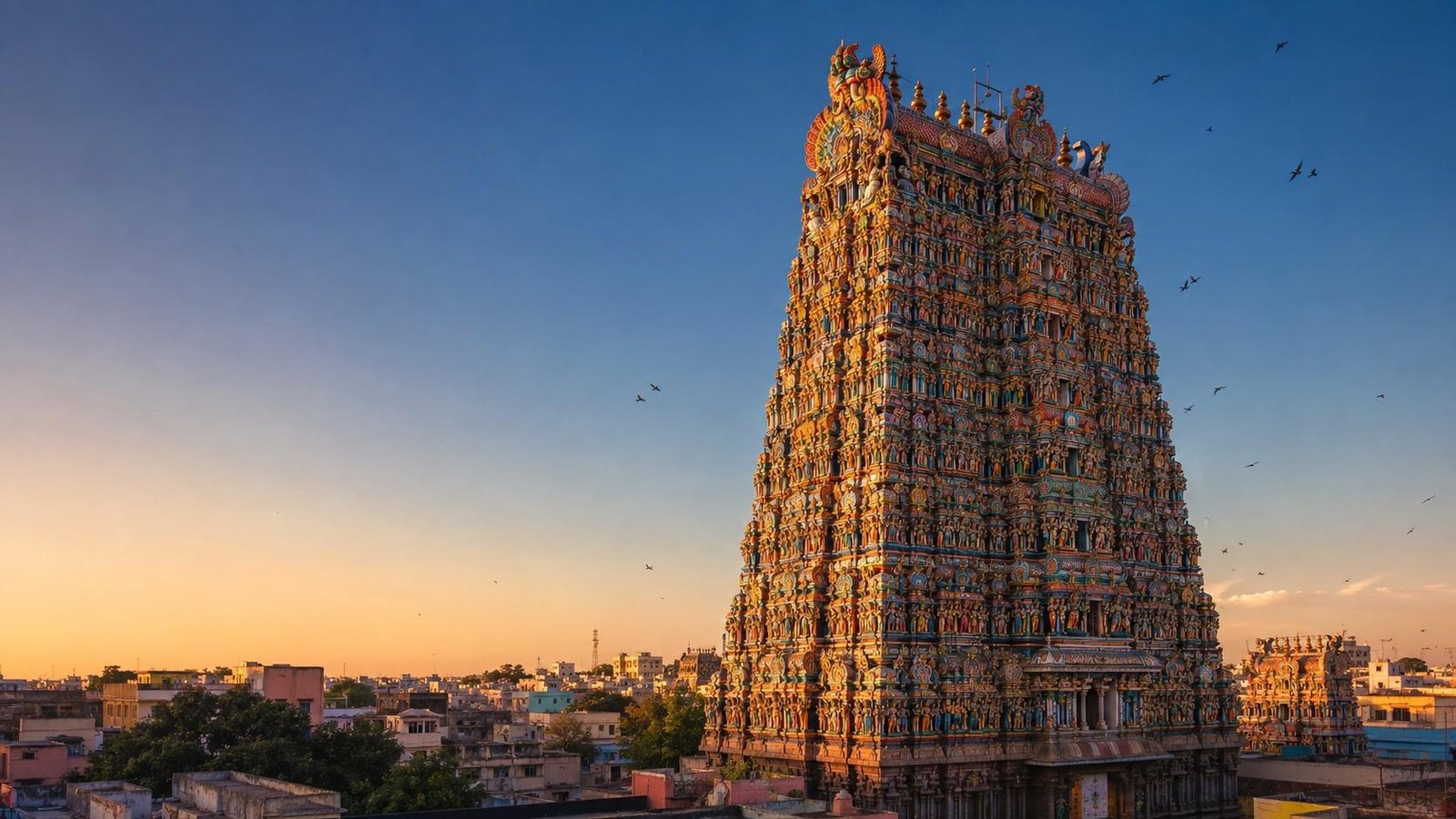 Meenakshi Amman Temple gopuram rising over Madurai at dusk, Tamil Nadu