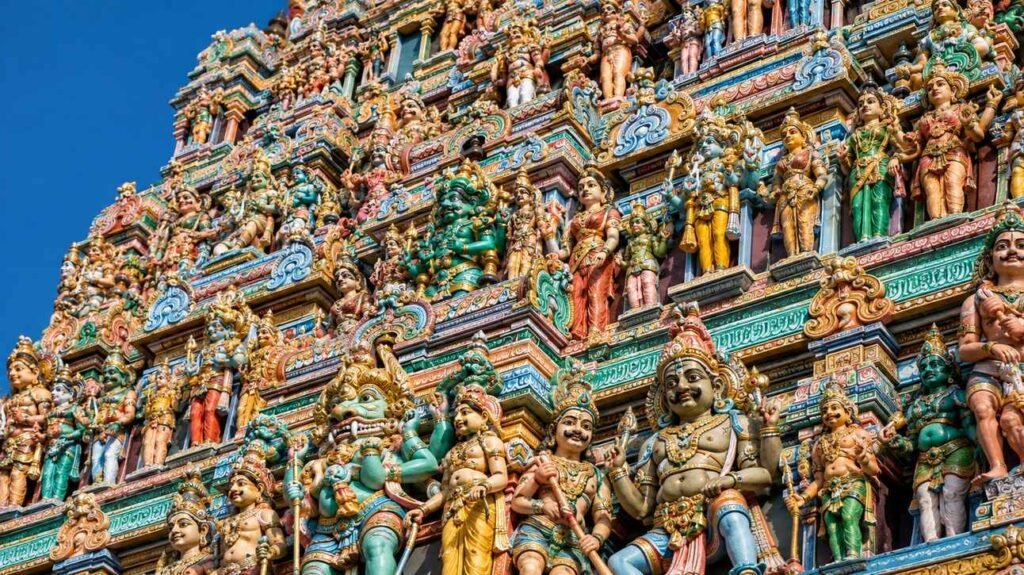 Painted sculptures on the gopuram of Meenakshi Amman Temple, Madurai