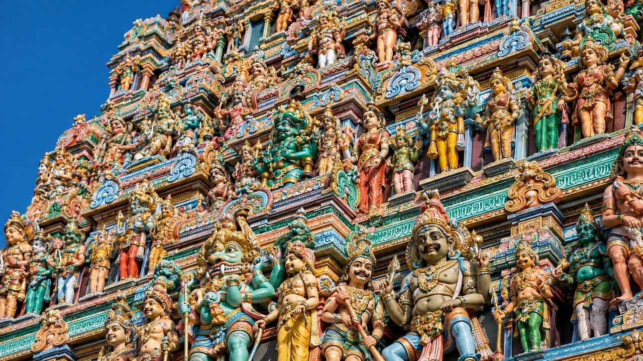 Painted sculptures on the gopuram of Meenakshi Amman Temple, Madurai