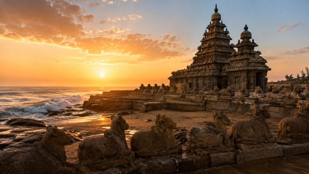 Shore Temple at Mahabalipuram beside the Bay of Bengal at sunrise