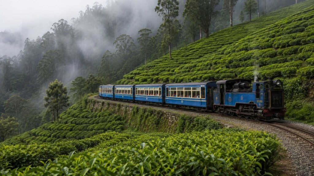 Nilgiri Mountain Railway toy train passing tea gardens near Coonoor