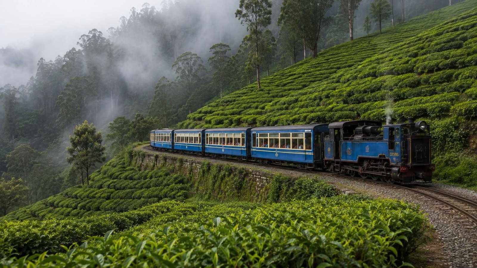 Nilgiri Mountain Railway toy train passing tea gardens near Coonoor