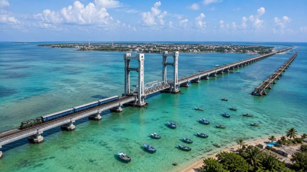 New Pamban vertical lift rail bridge crossing the sea to Rameswaram island