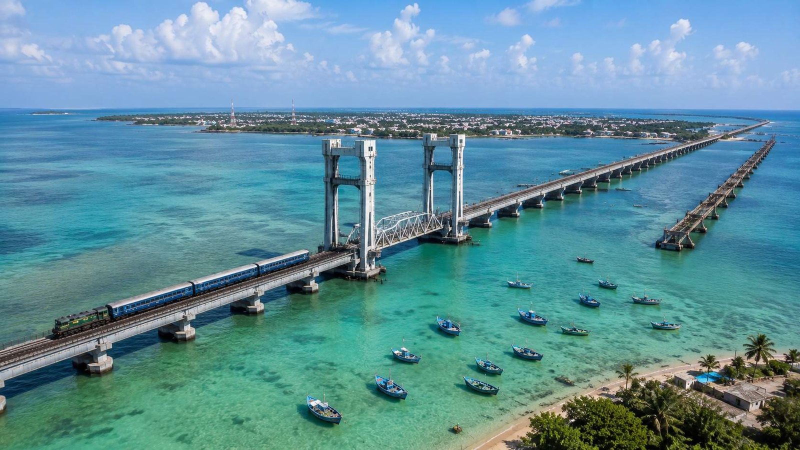 New Pamban vertical lift rail bridge crossing the sea to Rameswaram island