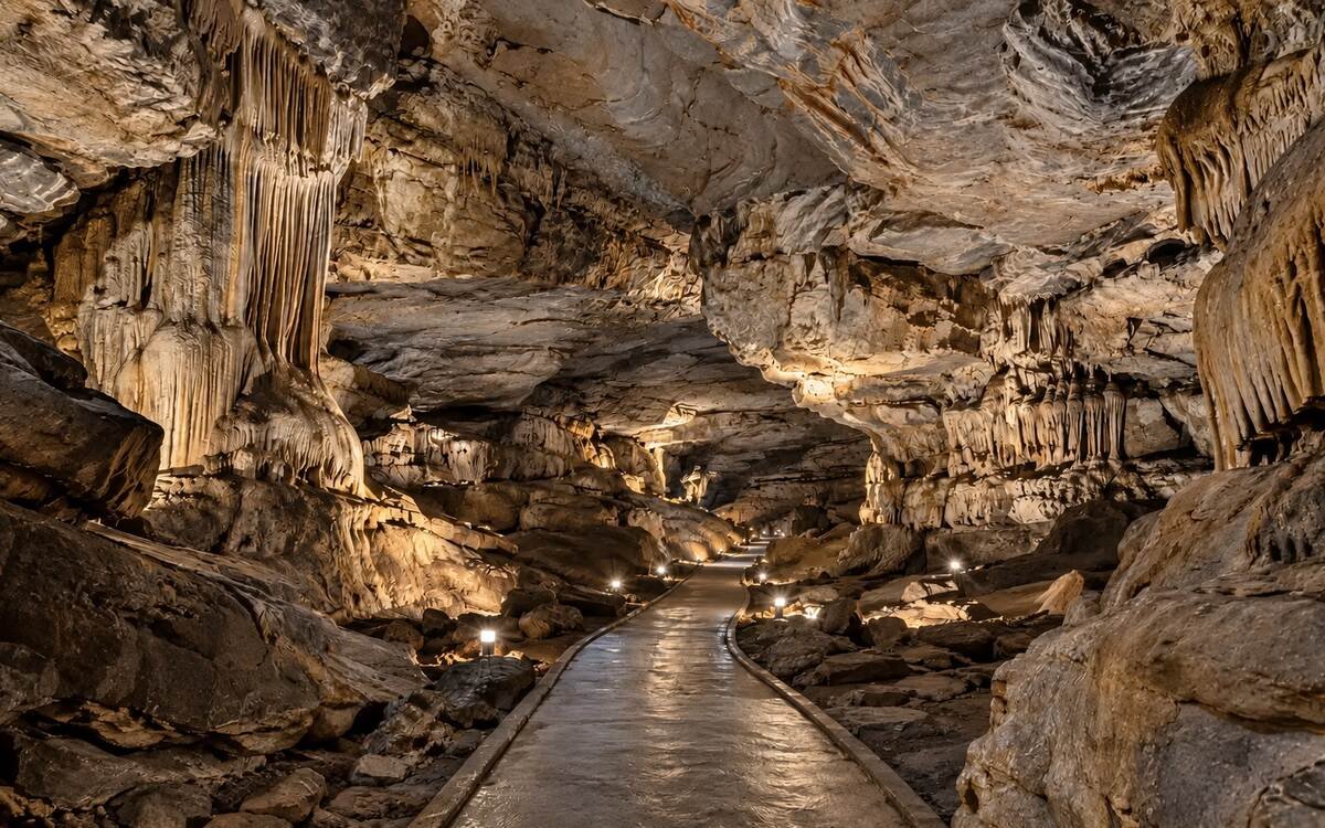 Lit stalactite chambers and rock passages inside the Belum Caves, Andhra Pradesh