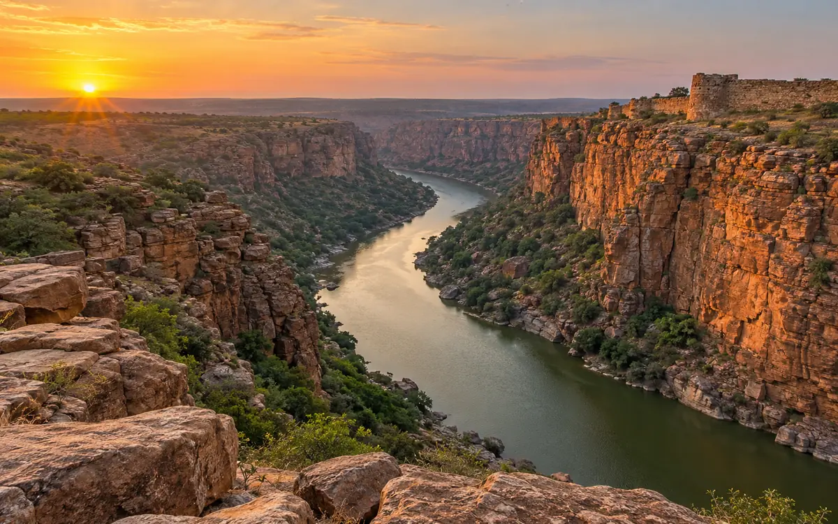 The Pennar river winding through the red rock walls of the Gandikota gorge, Andhra Pradesh