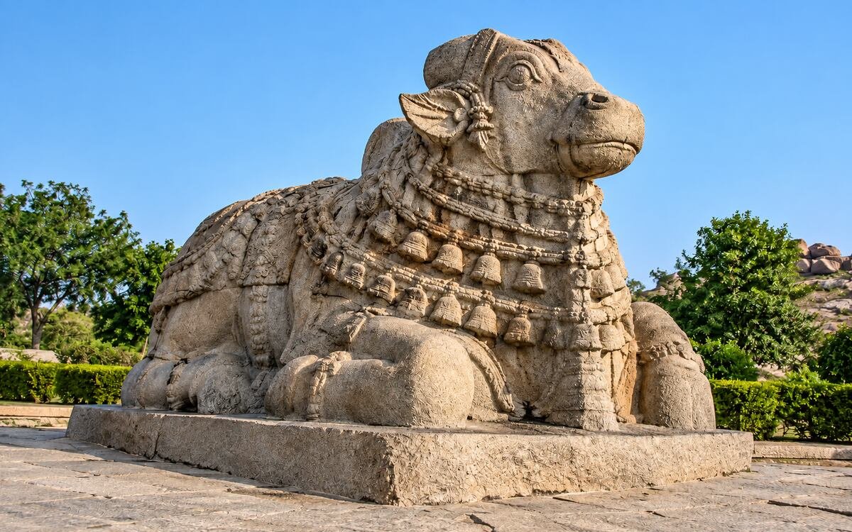 The giant monolithic granite Nandi bull sculpture at Lepakshi, Andhra Pradesh