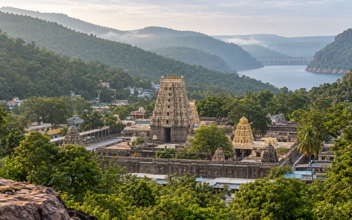 A stone temple set amid the Nallamala forest hills at Srisailam, Andhra Pradesh