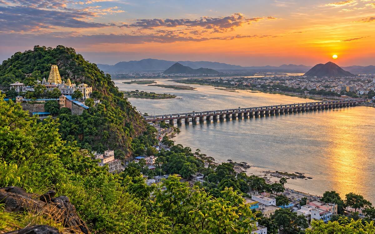 The Kanaka Durga temple above the Krishna river and Prakasam Barrage at Vijayawada, Andhra Pradesh