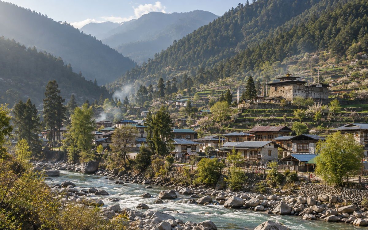 Dirang valley in West Kameng, Arunachal Pradesh, with terraced slopes, a river and monastery architecture below Himalayan ridges