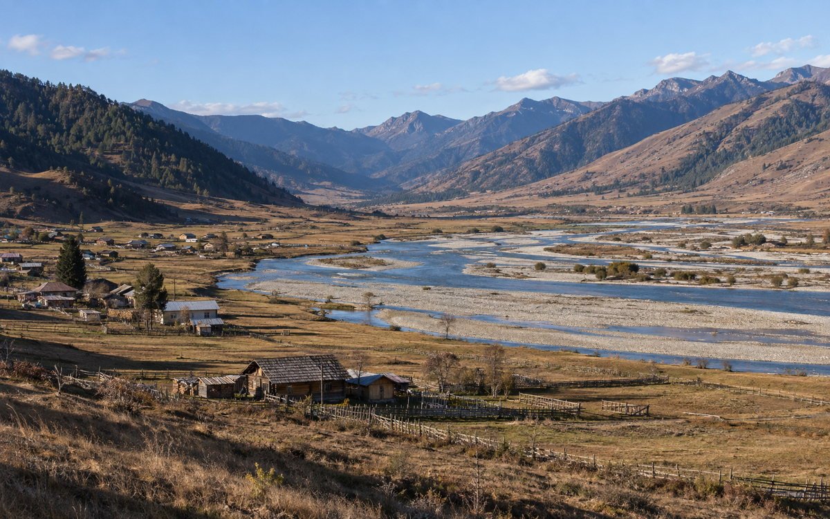 The wide Mechuka valley with the Siyom river, wooden houses and surrounding ridges in Shi-Yomi district, Arunachal Pradesh