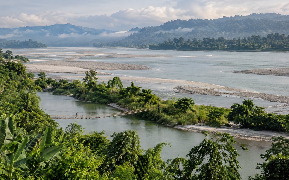 The broad Siang river spreading below forested foothills near Pasighat in East Siang, Arunachal Pradesh