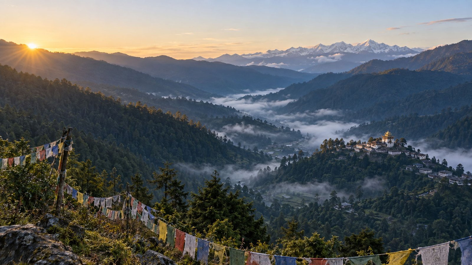 Layered eastern Himalayan ridges above a mist-filled valley near Tawang, Arunachal Pradesh, at first light