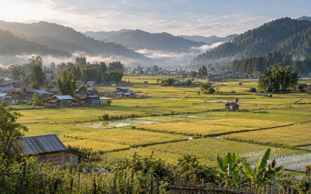 Patterned rice fields and pine-covered hills around an Apatani village in Ziro Valley, Arunachal Pradesh