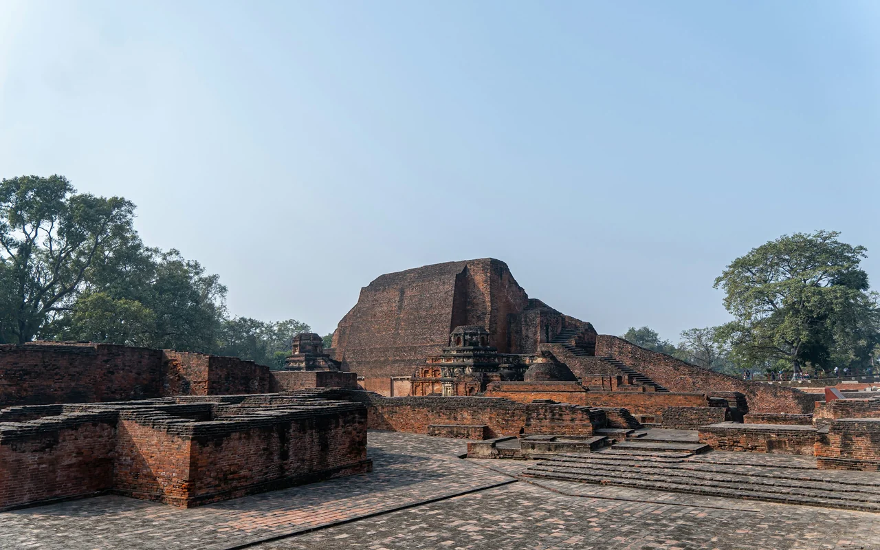 The red-brick ruins and stupa of the ancient Nalanda Mahavihara, Bihar