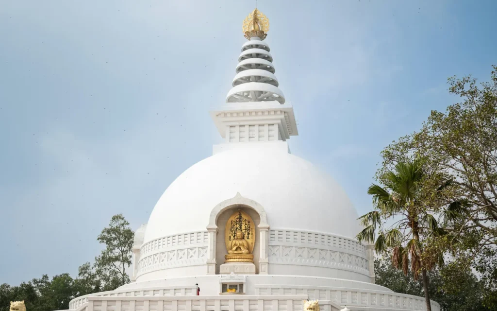 The white Vishwa Shanti Stupa peace pagoda on a hilltop at Rajgir, Bihar