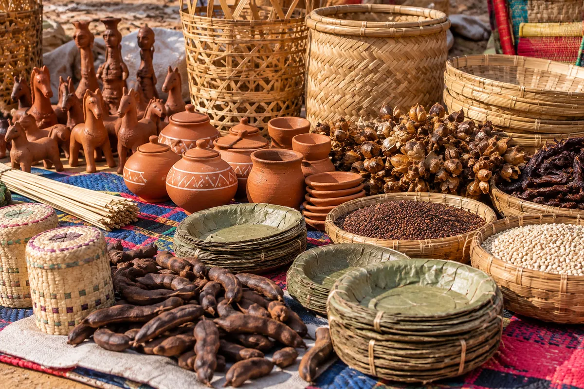Bamboo baskets, terracotta pots, leaf plates and grain spread for sale at a Bastar weekly market