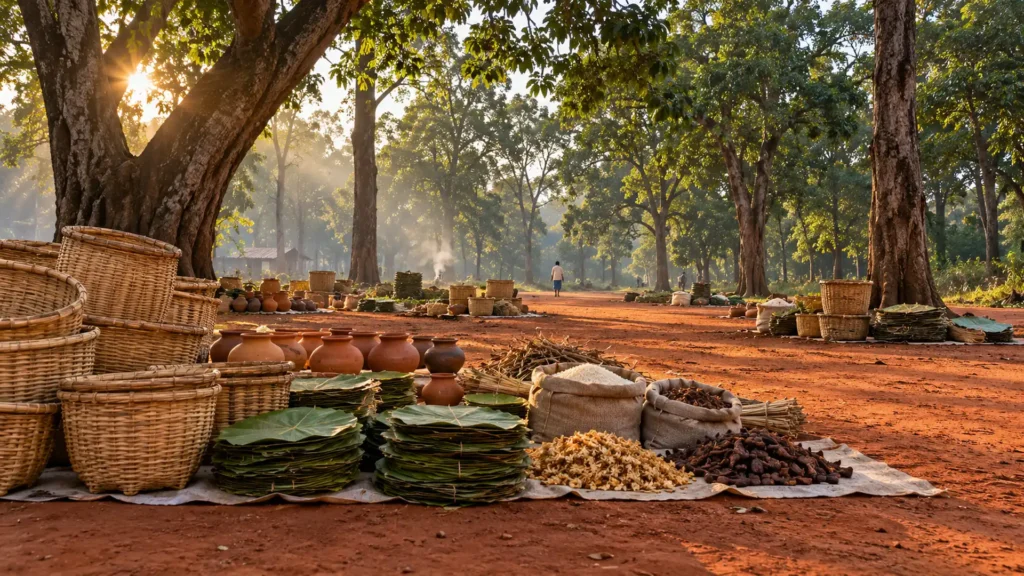 Baskets, clay pots and leaf plates laid out on red earth under sal trees at a Bastar weekly market in early morning light
