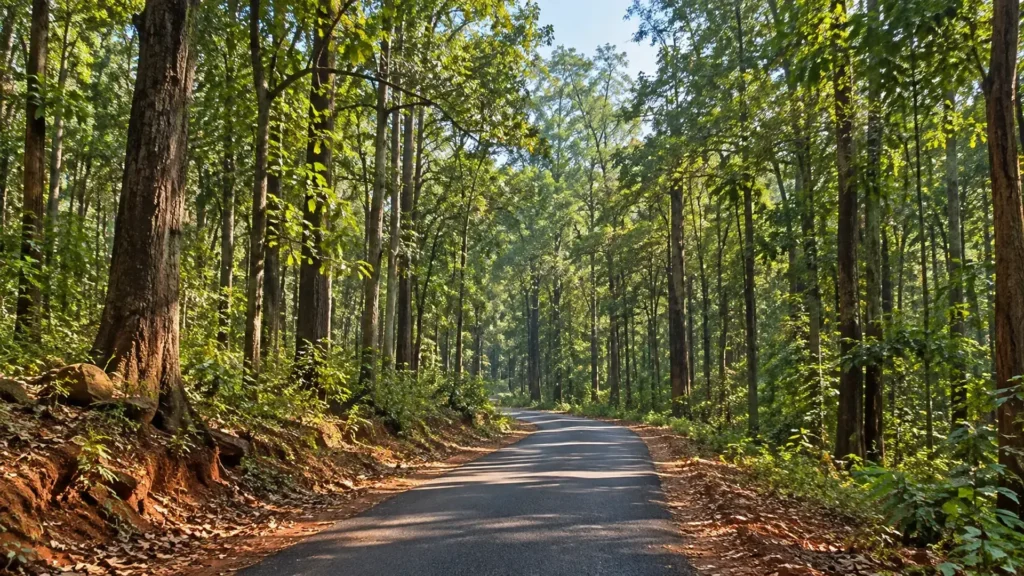 A forest road running through sal and bamboo in Kanger Valley National Park, Chhattisgarh