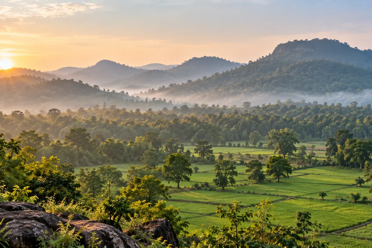 Forested hills rising above green fields near Kawardha, Chhattisgarh