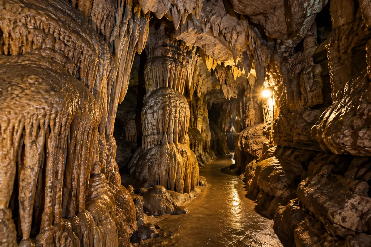 Stalactites and flowstone columns inside Kutumsar Cave, Kanger Valley, Chhattisgarh