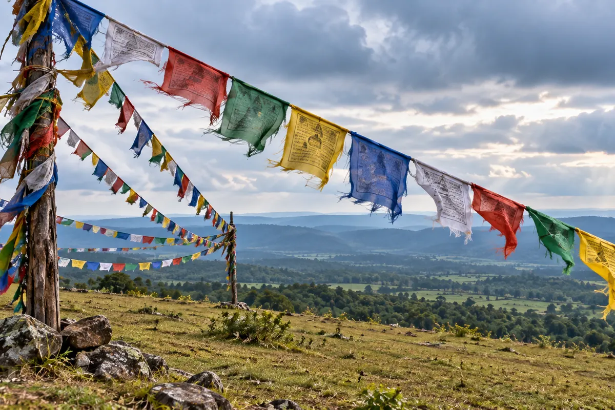 Tibetan prayer flags strung across the open plateau at Mainpat, Chhattisgarh
