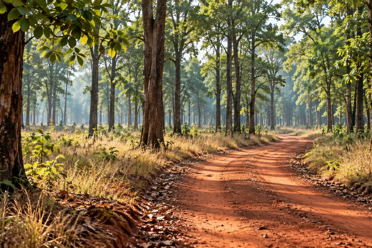 A red earth track curving through open sal forest on the Mainpat plateau, Chhattisgarh