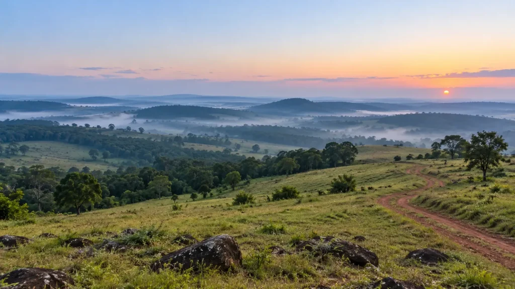 Dawn mist lying in the folds of the grassland plateau at Mainpat, Chhattisgarh