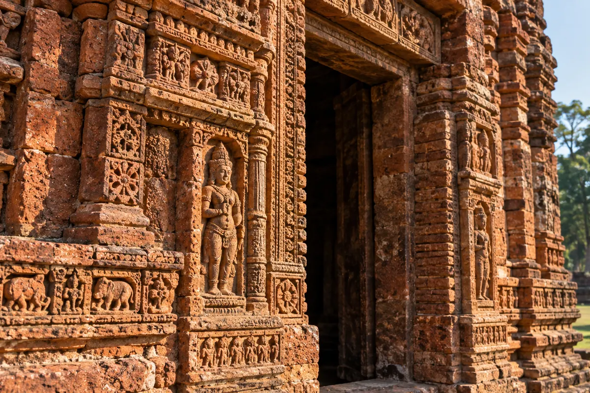 Carved seventh-century brickwork around a temple doorway at Sirpur, Chhattisgarh