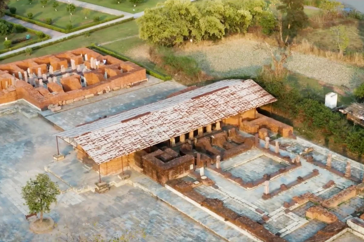 Excavated brick foundations of the Teevaradeva monastery site at Sirpur, Chhattisgarh