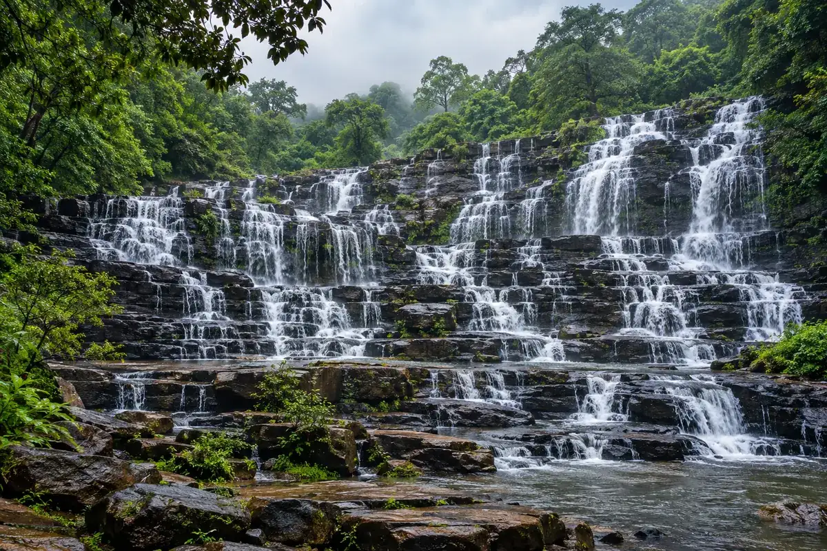 Thin white streams of water falling over wide stepped rock terraces at Tirathgarh Falls, surrounded by green forest