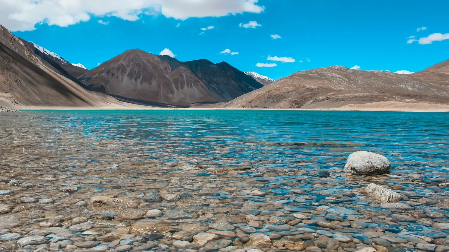 The turquoise water of Pangong Tso meeting a pebble shore, with bare ochre mountains behind