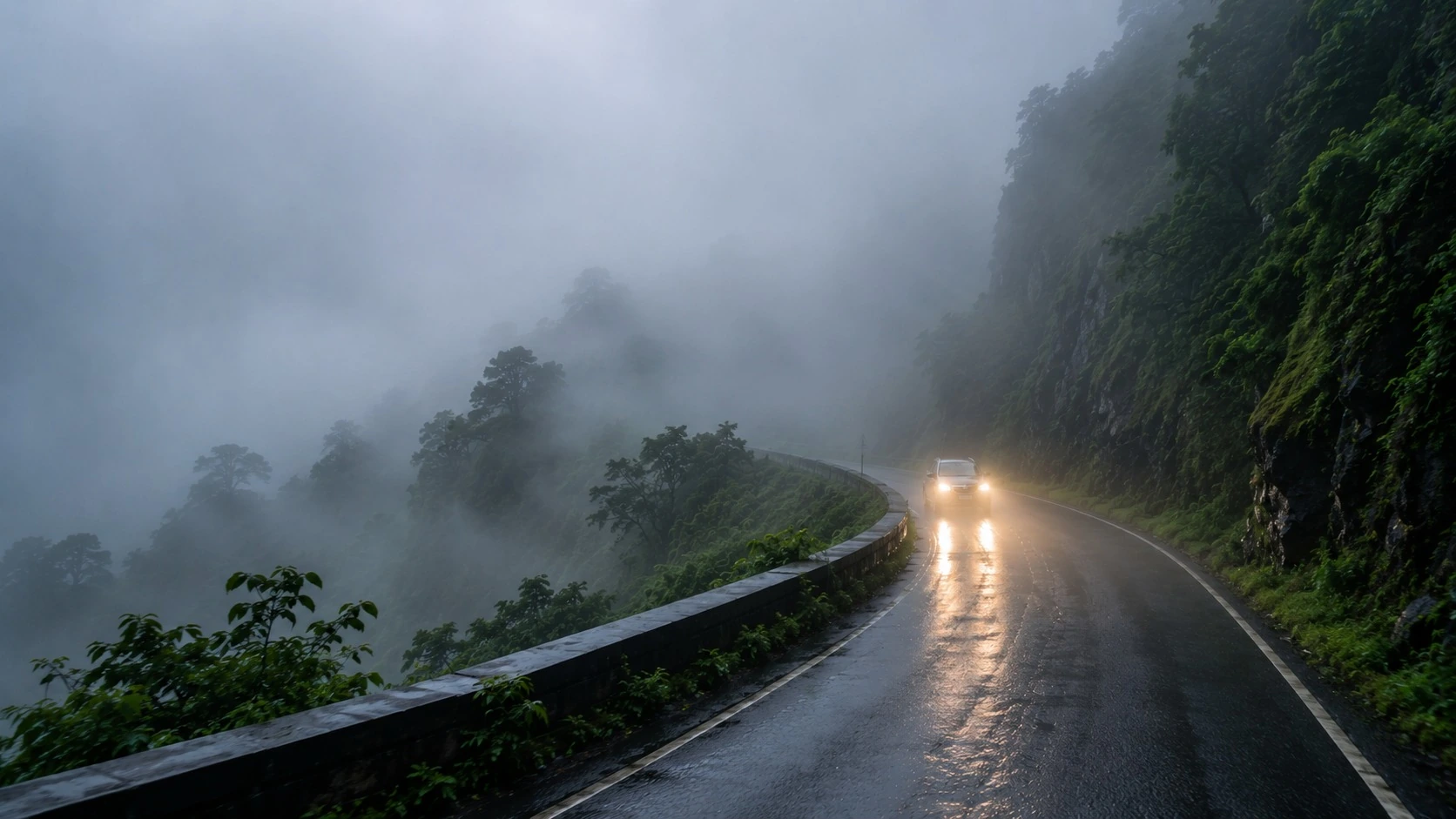 Foggy winding ghat road through the Sahyadri hills near Malshej