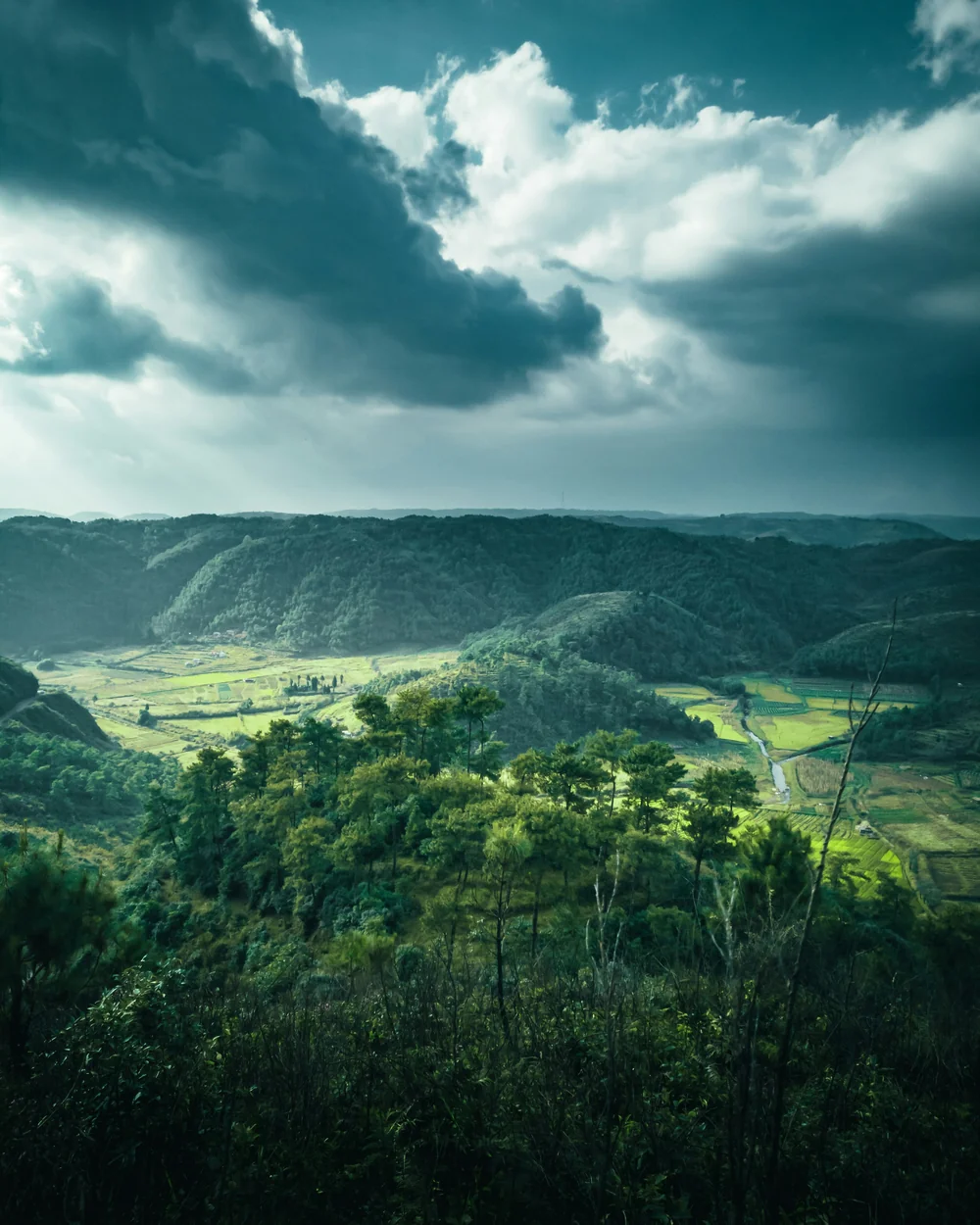 Green Khasi hills valley under heavy monsoon cloud, Meghalaya