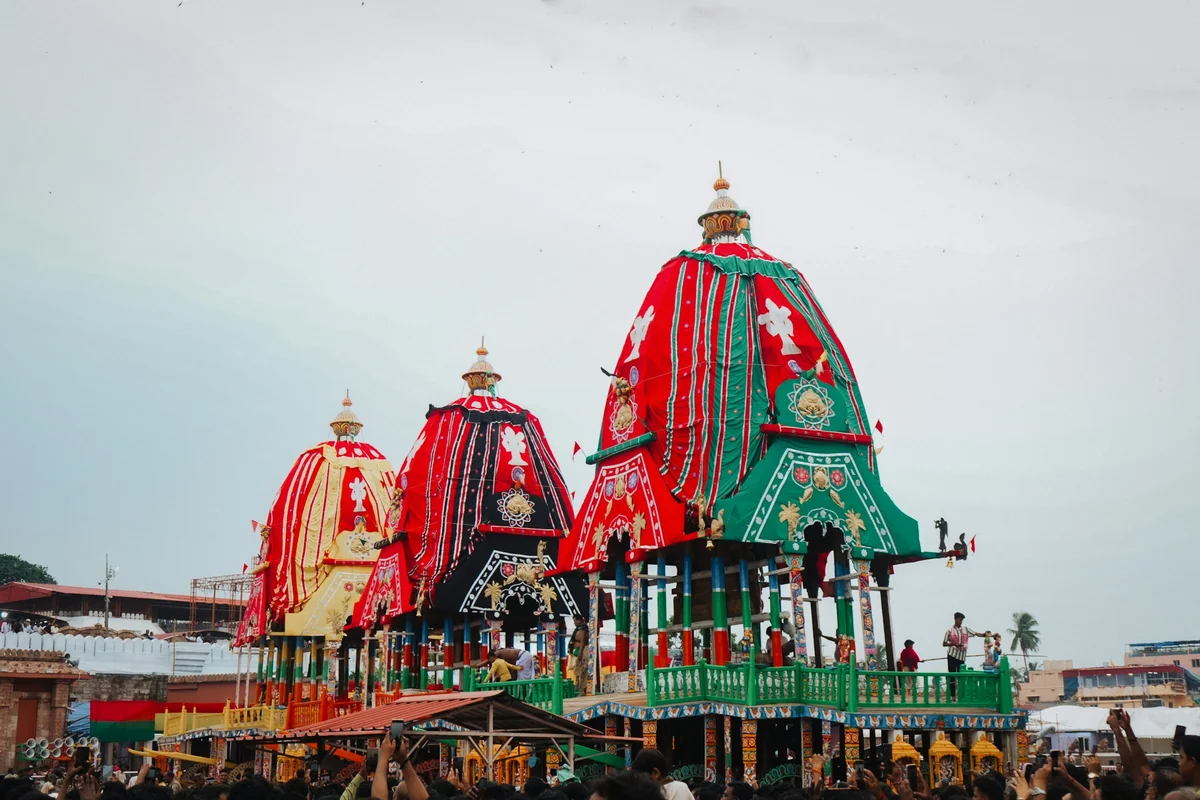 The three ornate chariots of the Puri Rath Yatra festival, Odisha