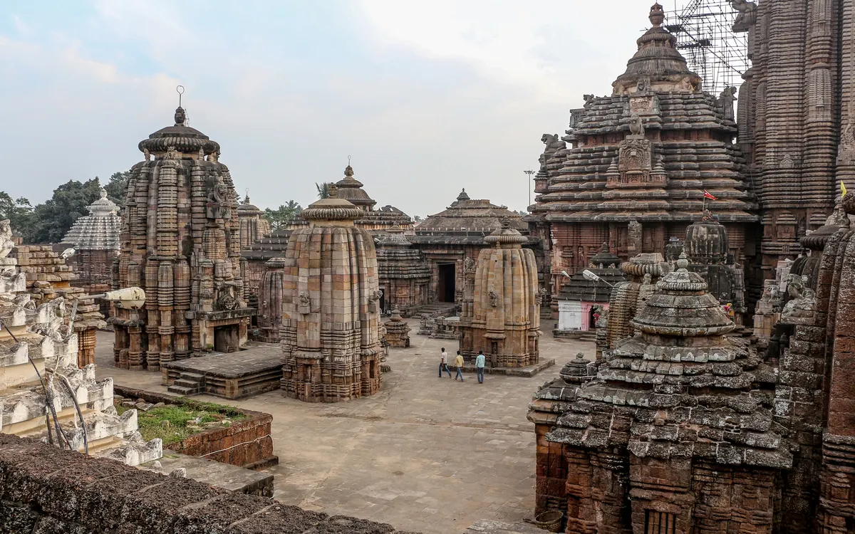The towers of the Lingaraj Temple complex rising over Bhubaneswar, Odisha