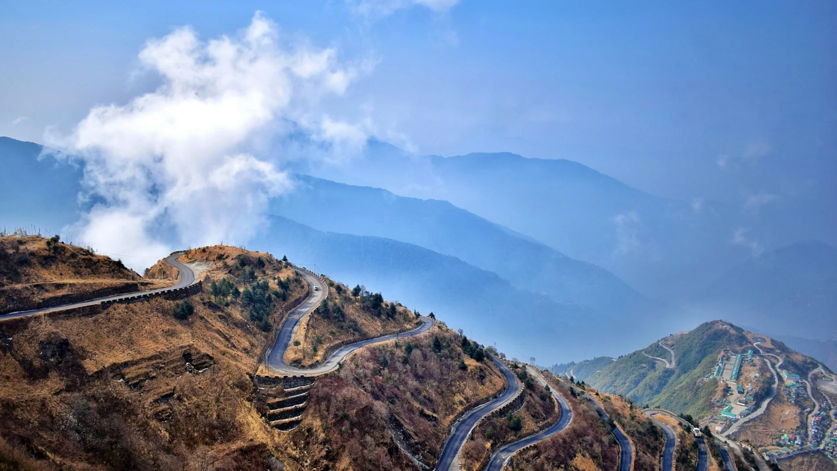 A road winding through forested mountains in Sikkim