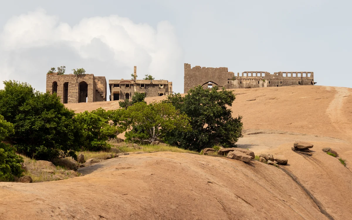 The monolithic rock fort of Bhongir (Bhuvanagiri) rising over the plain, Telangana