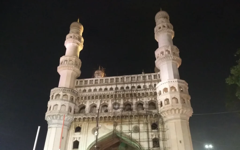 The Charminar monument lit up at night in the old city of Hyderabad, Telangana
