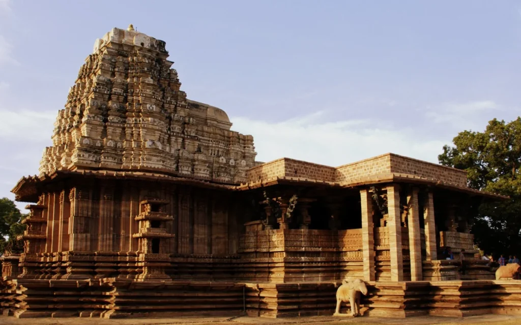 The carved tower of the UNESCO Ramappa Temple at Palampet, Telangana