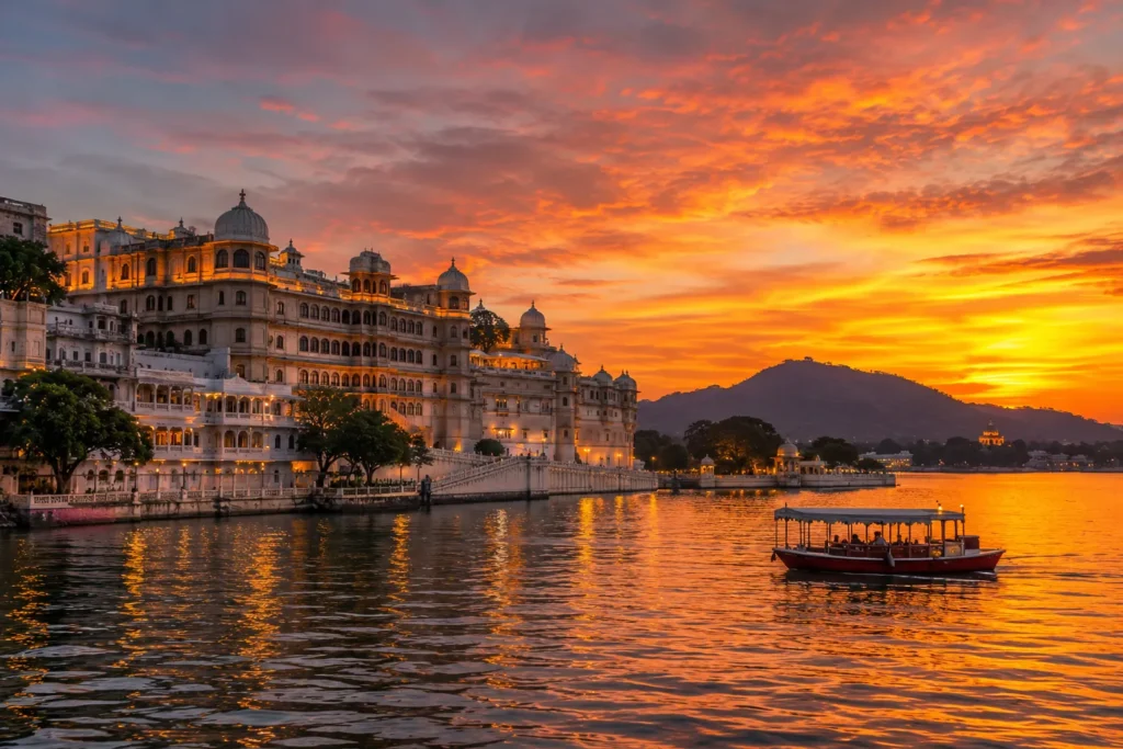 Udaipur's Lake Pichola and City Palace at sunset, Rajasthan