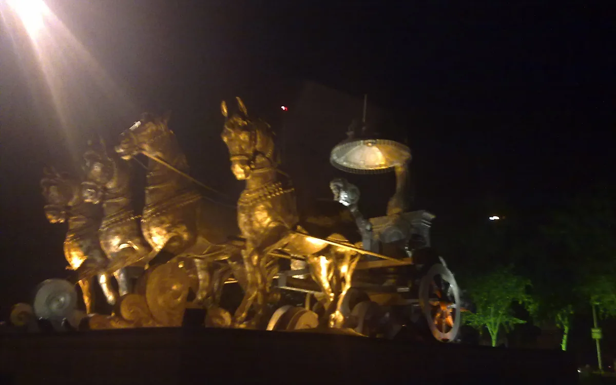 The giant Krishna-and-Arjuna chariot sculpture at Brahma Sarovar, Kurukshetra, Haryana